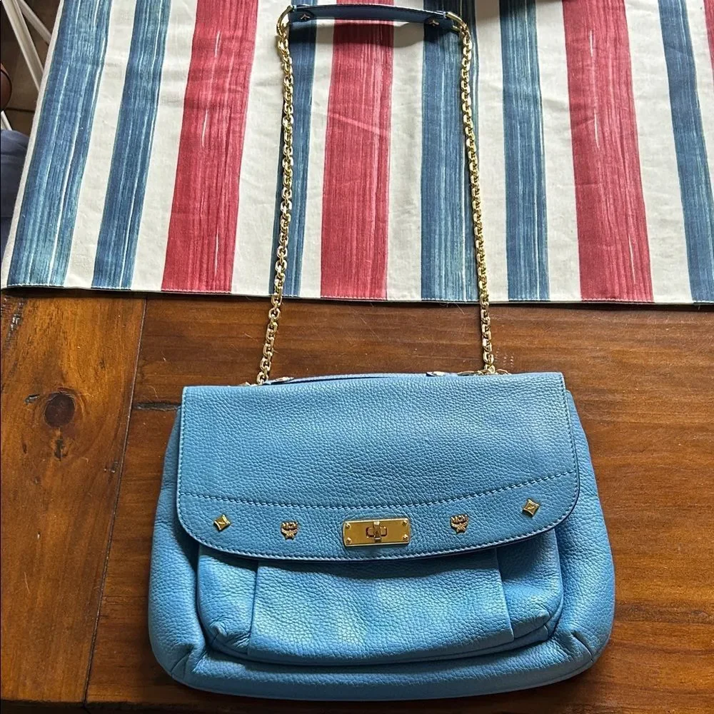 MCM Sky Blue Leather Shoulder Bag with Gold Chain impeccable